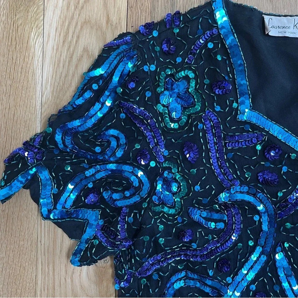 Vintage 80s Laurence Kazar hand-beaded sequin top, size petite Large; 100% silk - Picture 8 of 11